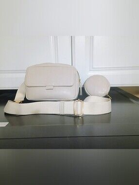 Neutral Cream Crossbody Bag with Coin Pouch and Wide Adjustable Strap